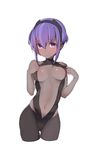  bare_shoulders black_legwear black_leotard blush breasts breasts_apart center_opening cleavage collarbone cropped_legs dark_skin eyebrows_visible_through_hair fate/grand_order fate_(series) groin hairband hassan_of_serenity_(fate) highres leggings leotard leotard_pull looking_at_viewer medium_breasts mitsudoue navel purple_eyes purple_hair short_hair simple_background solo thigh_gap white_background 
