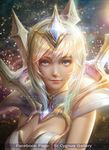 2016 blonde_hair blue_eyes breasts cleavage cleavage_cutout collar dated elementalist_lux eyelashes facebook_username hair_ornament highres large_breasts league_of_legends light_elementalist_lux light_smile looking_at_viewer luxanna_crownguard nutthapon_petchthai short_hair signature solo spiked_collar spikes tiara 