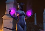  2017 3d_(artwork) big_breasts breasts butt detailed_background digital_media_(artwork) draenei female generalthunderbat glowing glowing_eyes hair hi_res horn humanoid magic mammal nipples not_furry nude outside pinup pose ruins solo source_filmmaker standing video_games warcraft wide_hips 