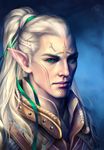  2016 abstract_background armor blonde_hair braided_hair dragon_age elf green_eyes hair humanoid inar-of-shilmista long_hair looking_at_viewer male not_furry pointy_ears ponytail portrait simple_background solo tattoo video_games 