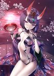 bangs bare_legs bare_shoulders black_gloves blunt_bangs breasts cherry_blossoms collarbone cup eyebrows_visible_through_hair fate/grand_order fate_(series) fingerless_gloves forehead_jewel gloves heirou horns index_finger_raised licking_lips looking_at_viewer medium_breasts navel oni oni_horns purple_eyes purple_hair sakazuki short_hair shuten_douji_(fate/grand_order) sitting solo tongue tongue_out water 