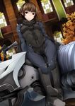  bodysuit boots braid breasts brown_hair crown_braid dutch_angle ground_vehicle highres joanna_(persona_5) looking_at_viewer motor_vehicle motorcycle nemu_(nebusokugimi) niijima_makoto pauldrons persona persona_5 red_eyes short_hair shoulder_pads small_breasts solo 