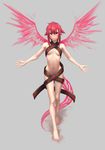  absurdres allen.n bare_legs bare_shoulders barefoot breasts full_body grey_background hair_flaps highres looking_at_viewer naked_scarf navel original outstretched_arms red_eyes red_hair scarf short_hair simple_background small_breasts smile solo spread_arms tail tears toes underboob wings 