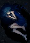  2015 barefoot blue_dress blue_hair blue_ribbon closed_eyes dated dress fetal_position from_above full_body highres lying nana_mikoto on_side original partially_submerged puddle ribbon ripples short_hair signature sleeping solo water 