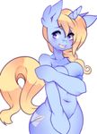  anthro areola blonde_hair blush breasts covering covering_self cutie_mark equine fan_character female hair horn mammal my_little_pony navel nipples open_mouth purple_eyes raikissu smile unicorn 