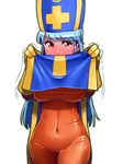  blue_hair blush bodysuit breasts dragon_quest dragon_quest_iii gloves hat impossible_clothes large_breasts long_hair looking_at_viewer misonou_hirokichi mitre orange_bodysuit priest_(dq3) red_eyes skin_tight solo spandex tabard 