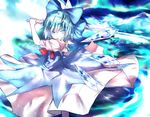  bangs blue_bow blue_dress blue_eyes blue_hair bow cirno commentary_request cowboy_shot crystal_sword dress hair_bow highres holding holding_sword holding_weapon ice ice_wings looking_at_viewer puffy_short_sleeves puffy_sleeves sakusyo short_hair short_sleeves solo sword touhou weapon wings 