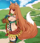  animal_ears bangs blunt_bangs blush brown_hair cosplay cross-laced_clothes fingerless_gloves gloves holo karna_(ys) karna_(ys)_(cosplay) knife kuroonehalf long_hair looking_back red_eyes smile solo spice_and_wolf standing tail very_long_hair wolf_ears ys 