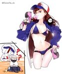  1girl ?? absurdres animalization bag baseball_cap bikini brown_eyes brown_hair bubble_blowing chewing_gum cosplay cropped_legs d.va_(overwatch) deary_me dual_wielding duffel_bag earrings gun handgun hat highres holding jewelry lotion overwatch pistol reaper_(overwatch) scar soldier:_76_(overwatch) soldier:_76_(overwatch)_(cosplay) sunscreen swimsuit twitter_username visor weapon 