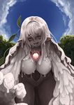  :d artist_name bangs barbariank blue_sky breasts cleavage cloud day dorome_(monster_girl_encyclopedia) elemental_(creature) eyebrows_visible_through_hair from_below gem glowing goo_girl grey_eyes grey_hair groin hair_between_eyes half-closed_eyes hanging_breasts highres kneeling large_breasts leaf legs_apart long_hair looking_at_viewer monster_girl monster_girl_encyclopedia mud naughty_face open_mouth outdoors oversized_forearms oversized_limbs plant pointy_ears signature sky smile solo tree vines 