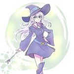  blue_eyes boots braid commentary cosplay diana_cavendish diana_cavendish_(cosplay) earrings hat hikasa_youko iesupa jewelry little_witch_academia long_hair rwby scar seiyuu_connection solo wand weiss_schnee white_hair witch_hat 