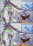  annoyed armor beverage book chair chimera-song claws clothing coffee comic dialogue dragon food future_card_buddyfight grabbing hair horn jackknife_dragon_(buddyfight) male muscular painting reptile scalie sitting sword_helm table teeth threaten weapon wings 