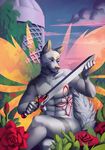  abs anthro canine clothed clothing flower fur kuroame male mammal melee_weapon nude outside plant sitting smile solo sword teeth topless weapon 