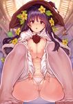  :&lt; black_hair book bookshelf breasts capelet cleavage crescent_moon duplicate eyebrows_visible_through_hair flower flower_wreath fur_trim hat large_breasts long_hair long_sleeves looking_at_viewer moon navel nipples no_pants no_shoes open_mouth panties partially_visible_vulva potion purple_eyes pussy_juice shiokonbu solo spread_legs underwear vial witch_hat 