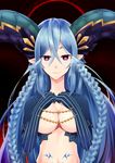  absurdres blue_hair braid breasts cleavage covering covering_breasts elbow_gloves fate/grand_order fate_(series) gloves highres horns large_breasts long_hair looking_at_viewer pointy_ears purple_eyes solo symbol-shaped_pupils tattoo tiamat_(fate/grand_order) twin_braids uziki_ntoki very_long_hair 