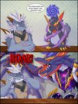  abygale_(buddyfight) angry armor chimera-song claws comic covering_ears dialogue disgust dragon future_card_buddyfight hair horn insult male muscular pity reptile scalie sitting space_armor standing table teeth text twirly_thing 