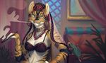  anthro bra breasts clothed clothing feline female headdress inside kuroame mammal pillow pipe smoke solo underwear 