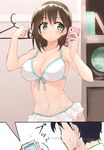 1girl bare_arms bare_shoulders blush bra breasts brown_hair cellphone chestnut_mouth cleavage commentary front-tie_bikini front-tie_top green_eyes highres large_breasts long_hair navel original phone self_shot short_hair shunichi smartphone sweatdrop swimsuit taking_picture underwear 