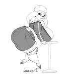  anthro big_breasts big_butt breasts butt canine conditional_dnp dog eyewear facial_piercing female glasses greyscale hat huge_breasts huge_butt lip_piercing lips looking_at_viewer mammal monochrome overweight overweight_female piercing short_stack solo table xopachi 
