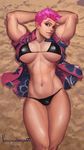  abs absurdres arms_behind_head artist_name beach biceps bikini black_bikini breasts breasts_apart cowboy_shot dated hawaiian_shirt highres huge_filesize large_breasts lips lying muscle muscular_female navel on_back open_clothes open_shirt overwatch pink_hair pixiepowderpuff scar scar_across_eye shirt short_hair solo swimsuit thick_thighs thighs underboob undercut very_short_hair zarya_(overwatch) 