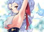  absurdres adjusting_hair alternate_breast_size armpits blue_hair breasts covered_nipples davvworlds ferry_(granblue_fantasy) from_side granblue_fantasy hair_pulled_back highres large_breasts long_hair looking_at_viewer mouth_hold sideboob solo underboob upper_body wavy_hair yellow_eyes 