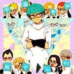  aqua_hair aqua_nails black_hair black_nails black_sclera blonde_hair cellphone closed_eyes cosplay crossed_arms curly_hair fang formaggio gelato ghiaccio ghiaccio_(cosplay) glasses grey_hair grin highres illuso jojo_no_kimyou_na_bouken melone multiple_boys nail_polish one_eye_closed open_mouth pesci phone prosciutto red_eyes red_hair red_nails risotto_nero ruri_(347sankaku) smile sorbet sparkle tongue tongue_out translation_request 