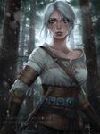  breasts ciri corset dagger deviantart_username facial_scar forest freckles gloves green_eyes highres leather leather_gloves looking_at_viewer medium_breasts nature nose patreon_username realistic scar sciamano240 sheath sheathed short_hair signature silver_hair snowing solo sword the_witcher the_witcher_3 watermark weapon web_address 