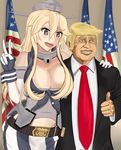  american_flag artist741_(artist) breasts cleavage commentary donald_trump formal highres iowa_(kantai_collection) kantai_collection large_breasts politician real_life star star-shaped_pupils symbol-shaped_pupils thumbs_up v 