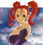  bare_shoulders breasts brown_hair cleavage collarbone dragon_quest dragon_quest_viii earrings jessica_albert jewelry large_breasts long_hair looking_at_viewer orange_eyes purple_shirt shirt simple_background solo twintails yokoshima_tomoaki 