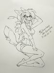  anthro canine clothed clothing eyewear female fox glasses kuroame mammal monochrome open_mouth smile solo traditional_media_(artwork) wide_hips 