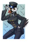  anthro avian bird clothed clothing female hand_on_hip hat kuroame necktie open_mouth pearl_(boolean) puffin simple_background smile solo uniform 