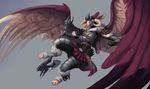  anthro armor avian axe bird feathered_wings feathers flying horn kuroame male melee_weapon open_mouth solo weapon wings 