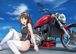  8000 alternate_hairstyle ashigara_(kantai_collection) black_hair black_swimsuit brown_eyes competition_swimsuit day ground_vehicle honda honda_v45_magna kantai_collection long_hair looking_at_viewer motor_vehicle motorcycle one-piece_swimsuit one_eye_closed open_mouth ponytail sitting smile solo swimsuit thighhighs white_legwear 