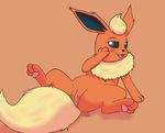  anus blush canine eeveelution ellistia female feral flareon hindpaw mammal nintendo nude open_mouth pawpads paws pok&eacute;mon presenting pussy pussy_juice simple_background smile solo video_games 