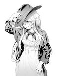  alternate_costume ascot breasts cleavage coat cowboy_hat cowboy_shot dress greyscale grin hat highres iowa_(kantai_collection) kantai_collection long_hair medium_breasts monochrome pinakes smile solo star star-shaped_pupils symbol-shaped_pupils 