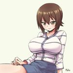  breasts brown_eyes brown_hair buttons casual character_name eyebrows girls_und_panzer hair_between_eyes impossible_clothes large_breasts miniskirt nishizumi_maho pas_(paxiti) short_hair sitting skirt solo striped 