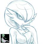  2017 breasts cleavage clothed clothing female gardevoir green_and_white looking_at_viewer monochrome nintendo plagueofgripes pok&eacute;mon pok&eacute;morph simple_background solo video_games white_background 