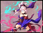  absurdres blue_eyes breasts cleavage dual_wielding fate/grand_order fate_(series) highres holding japanese_clothes katana large_breasts looking_at_viewer miyamoto_musashi_(fate/grand_order) serious shinkami_hiroki solo sword thighhighs weapon wide_sleeves 