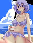  barefoot beach bikini blue_eyes blue_hair blue_sky blush cloud commentary_request day food hair_ornament highres hitotsuki_nebura ice_cream letty_whiterock looking_at_viewer midriff mouth_hold navel no_hat no_headwear ocean outdoors short_hair sitting sky solo spoon sweat swimsuit touhou water 