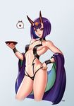  1girl artist_name breasts collarbone commentary cup fang fate/grand_order fate_(series) hair_ornament hand_on_hip heart highres holding holding_cup horns japanese_clothes kimono looking_at_viewer medium_breasts navel oni oni_horns open_mouth panties panty_pull purple_eyes purple_hair revealing_clothes sakazuki shiny shiny_hair shiny_skin short_hair shuten_douji_(fate/grand_order) simple_background smile solo spoken_heart standing typo_(requiemdusk) underwear 
