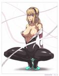  aqua_footwear arched_soles black_hairband blonde_hair blurry breasts caucasian center_opening commentary_request covered_navel dated depth_of_field full_body gwen_stacy hairband highres korean_commentary large_breasts legs long_hair marvel nipples non-asian partially_undressed purplevortex signature skin_tight solo spider-gwen spider-man_(series) squatting superhero western_comics 