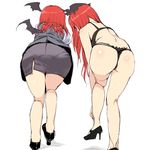  ass back bat_wings bent_over bra colorized commentary_request dual_persona facing_away from_behind head_wings high_heels highres jacket koakuma long_hair long_sleeves mokumokuren_(atariya_kyoushitsu) multiple_girls no_wings pantylines red_hair shirt simple_background sketch skirt standing standing_on_one_leg thong touhou underwear vest white_background wings 