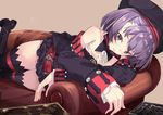  bare_shoulders belt blush book couch fate/grand_order fate_(series) furisuku hat helena_blavatsky_(fate/grand_order) looking_at_viewer purple_eyes purple_hair short_hair solo thighhighs 