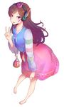  alice-sama_san bad_id bad_pixiv_id bangs barefoot bokjumeoni brown_eyes brown_hair collarbone d.va_(overwatch) eyebrows_visible_through_hair facepaint facial_mark full_body hair_ornament hand_on_own_knee hand_up headphones highres korean_clothes legs_apart long_hair long_sleeves looking_at_viewer overwatch palanquin_d.va pink_skirt pouch print_skirt skirt smile solo standing striped_sleeves traditional_clothes transparent_background v whisker_markings 