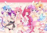  5girls :3 :d ;) ;d animal_ears aqua_eyes babydoll bangs bikini blonde_hair blue_eyes blue_hair blush bow bracelet braid breasts bunny_ears cat_ears cat_tail choker cleavage crescent dorothy_west elbow_gloves fang flat_chest frilled_bikini frills from_side gloves hair_bow hair_ornament hair_ribbon hairclip hand_on_own_face hands_on_another's_shoulders heart houjou_sophie jewelry kemonomimi_mode leona_west long_hair looking_at_viewer loose_socks manaka_lala medium_breasts minami_mirei mitsuba_choco multiple_girls navel one-piece_swimsuit one_eye_closed open_mouth otoko_no_ko paw_pose pink_eyes pink_hair ponytail pretty_(series) pripara purple_eyes purple_hair red_hair ribbon short_hair small_breasts smile socks star striped striped_background striped_legwear swimsuit tail thighhighs toudou_shion twintails v very_long_hair white_gloves white_legwear yellow_eyes 
