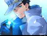  aqua_eyes black_hair blue_gloves blue_scarf coat diamond_wa_kudakenai earrings gloves glowing hat jewelry jojo_no_kimyou_na_bouken kuujou_joutarou letterboxed male_focus merry_christmas scarf signature snow solo star stud_earrings toujou_sakana upper_body 