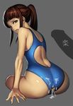  1girl after_anal after_sex anus_cutout ass back bangs blue_swimsuit blunt_bangs blush brown_hair character_name competition_swimsuit cum cum_in_ass cum_on_ass cum_on_clothes cumdrip erection from_behind green_eyes grey_background hetero ichijou_raku k2shh long_hair looking_at_viewer looking_back miyamoto_ruri nisekoi one-piece_swimsuit open_mouth out_of_frame penis ponytail sidelocks simple_background sitting solo_focus swimsuit torn_clothes torn_swimsuit 