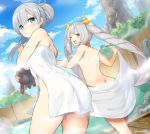  2girls ;d anastasia_(fate/grand_order) arms_up ass back bangs bare_shoulders blue_eyes blue_sky blush breasts butt_crack cloud convenient_arm doll dutch_angle eyebrows_visible_through_hair fate/grand_order fate_(series) from_behind hair_bun hair_ornament holding long_hair looking_at_viewer looking_back marie_antoinette_(fate/grand_order) medium_breasts mountain multiple_girls naked_towel nude one_eye_closed onsen open_mouth outdoors ponytail rock round_teeth rubber_duck rubber_duck_hair_ornament shoulder_blades sideboob sky small_breasts smile steam teeth thighs towel twintails twitter_username tyone upper_body very_long_hair w_arms water 