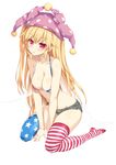  alternate_legwear american_flag_bikini american_flag_legwear bikini bikini_top blonde_hair blush breasts clownpiece collarbone commentary_request fairy_wings flag_print full_body hat highres jester_cap large_breasts long_hair looking_at_viewer midriff mokumokuren_(atariya_kyoushitsu) navel no_shoes open_mouth polka_dot print_legwear red_eyes short_shorts shorts simple_background sitting solo star striped striped_legwear swimsuit thighhighs touhou white_background wings 