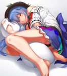  ;/ absurdres bare_legs barefoot black_hat black_skirt blue_hair blush closed_mouth commentary_request feet fetal_position food frilled_skirt frills fruit hat highres hinanawi_tenshi leaf long_hair looking_at_viewer lying neropaso off_shoulder on_side peach pillow pillow_hug red_eyes shirt short_sleeves skirt solo touhou white_shirt 